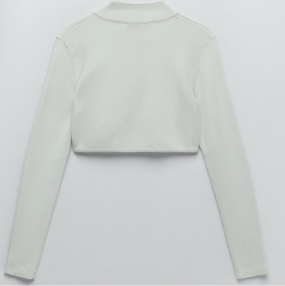 NWT Zara Scalloped Edge Light Green Mint long sleeve knit cropped Knit Sweater M - Picture 3 of 15